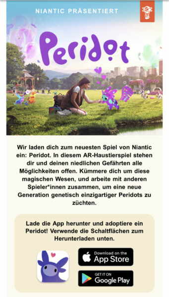 Peridot Einladung per E-Mail von Niantic